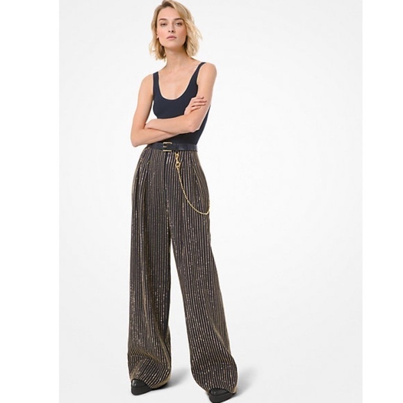 Michael Kors Collection Pants - Michael Kors Collection 0 Crystal Pinstripe Double Crepe Sablé Wide-Leg Trousers